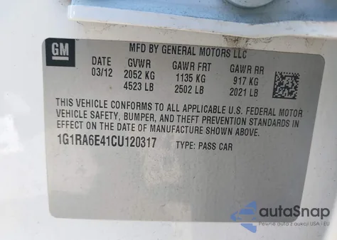 2012 Chevrolet Volt из США, поврежденный, VIN 1G1RA6E41CU120317